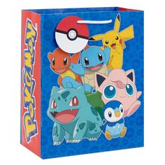 a blue bag with pokemon characters on it