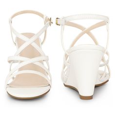 Looking for a stylish yet comfortable sandal to add to your wardrobe? Look no further! These beautiful strappy sandals feature a round toe, wedged heel, and an ankle strap for a secure fit. The web of elastic bands and full-length cushioning provide all-day comfort, making them perfect for a day out with friends or a night on the town. The vamp is made of faux leather, while the outsole is made of PVC+ TPR and the heel is made of PVC. These sandals have a heel height of 2.9 inches and come in va Strappy Summer Wedge Sandals With Buckle Closure, Synthetic Strap Wedge Heel Sandals, Synthetic Strap Sandals With Wedge Heel, Synthetic Wedge Heel Sandals With Strap, Summer Strappy Wedge Sandals With Buckle, Summer Open Heel Crisscross Strap Heels, Summer Heels With Crisscross Straps And Open Heel, Summer Open Heel Heels With Crisscross Straps, Adjustable High Heel Wedge Sandals With Heel Strap