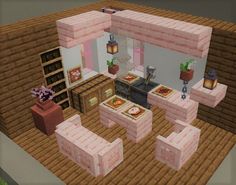 Cute Things To Build In Minecraft House, Pink Things To Build In Minecraft, Mincraft Idea Houses Coquette, Pink Kitchen Minecraft, Cute Minecraft Interior Ideas, Pink Minecraft Cottage, Pink Minecraft Kitchen, Cherry Blossom Interior Minecraft, Minecraft Pink House Ideas