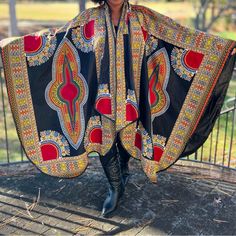 New Without Tags Handmade African Print Ankara Black Multicolor Dashiki Belted Poncho Cape Handmade 100% Cotton One Size Fits All Traditional Black Cape For Fall, Traditional Black Shawl Outerwear, Festival Black Shawl Kimono, Traditional Black Cape For Festival, Traditional Black Festival Cape, Traditional Black One-size Poncho, Black Bohemian Poncho With Batwing Sleeves, Black Bohemian Poncho Shawl, Black Oversized Bohemian Cape