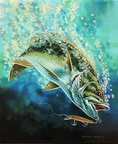 a painting of a fish on the water with bubbles coming out of it's mouth