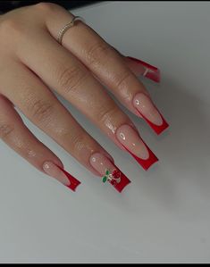 Red Acrylics With Design, Red French Nails Square, Nail Red French, Square Acrylic Nails Red, Red French Almond Nails, White And Red Nails Ideas, Buchifresa Nails, French Tip Nails Red, Red Nail Inspiration