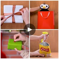 four pictures showing different ways to wrap gifts