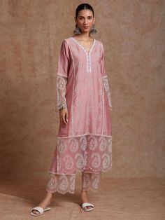 Buy Pink Chanderi Kurta with Pants- Set of 2 | VJ112MAY101/KP/PINK/VJ112MAY Suit Designs, Product Launch