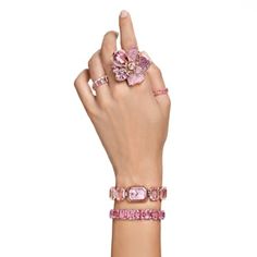 Florere cocktail ring, Pavé, Flower, Pink, Gold-tone plated | Swarovski Bracelets And Rings, Bracelet Tennis, Pink Watch, Jewelry Lookbook, Bracelet Cuir, Pave Ring, Swarovski Jewelry, Crystal Flower, Girly Jewelry