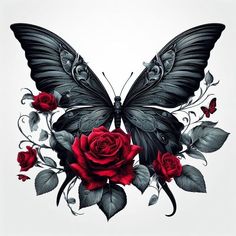 a black butterfly with red roses on it's wings