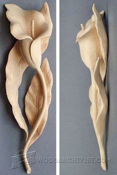 two pictures of wooden flowers on the wall