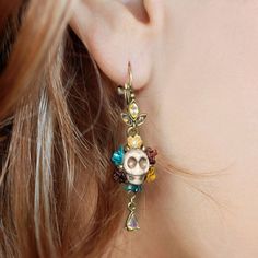 Colorful Sugar Skull Earrings Dia de los Muertos Earrings | Etsy Bohemian Skull Earrings For Gifts, Fantasy Earrings For Halloween Gift, Bohemian Metal Earrings For Halloween, Multicolor Halloween Earrings For Gift, Multicolor Halloween Earrings Gift, Handmade Earrings For Day Of The Dead, Bohemian Earrings For Halloween Gift, Bohemian Halloween Earrings As Gift, Bohemian Halloween Gift Earrings