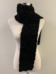 "Hand crocheted black colored infinity scarf.  Crocheted to look like a basket weave.   This polyester yarn I have been working with feels like velvet!   If you like unique designs, this is the piece for you.  It will provide plenty of warmth while adding a designer element to your winter wardrobe. Also, think about pairing this scarf with the \"Annette Hat\" in black.   They are meant to be worn together.  All the proceeds for the hat go to support the Annette Barker Scholarship Fund at the College of Saint Scholastica.   The pattern is of my own design." Crochet Velvet Scarf, Black Crochet Scarves For Winter, Saint Scholastica, Scarf Crocheted, Boho Beanie, Really Short Hair, Velvet Scarf, Crochet Winter, Black Scarf