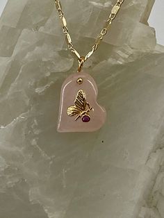 - 14K gold plated Butterfly CZ on Rose Quartz heart celestial charm - 1.8mm gold filled 16" or 18" mirror chain Valentine's Day Gold Jewelry With Gemstones, Valentine's Day Gold Gemstone Jewelry, Gold Rose Quartz Round Pendant Jewelry, Gold Rose Quartz Round Pendant Necklace, Gold Heart Necklace With Gemstone For Gift, Gold Rose Quartz Pendant Jewelry, Dainty Small Rose Gold Jewelry, Gold Rose Quartz Jewelry Gift, Small Rose Gold Dainty Jewelry