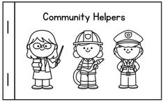 a coloring page with three children dressed as fire fighters and the words community helpers