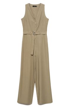 This linen-kissed jumpsuit gets a streamlined look from tonal details like the removable belt, stitches and buttons that fall down the front. Front button closure V-neck Sleeveless Removable belt 96% lyocell, 4% linen Machine wash, line dry Imported Elegant Spring Jumpsuits And Rompers With Belt Loops, Spring Jumpsuits And Rompers With Belt Loops, Chic Beige Belted Jumpsuit, Chic Beige Jumpsuit With Buttons, Wide Leg Jumpsuit, Khaki Green, Mango, Overalls, Wide Leg