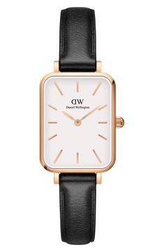 The retro square watch gets redefined as this elongated rectangular design cleanly styled with stick indexes and two sharp hands. The leather strap has been embossed down the sides for a sleek finish. Style Name:Daniel Wellington Quadro Sheffield Leather Strap Watch, 20mm X 26mm. Style Number: 6260029.