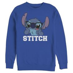 Ohana means family, and that means no one gets left behind with this officially licensed Disney Lilo & Stitch Silly Black Glasses Men's Graphic Crewneck Sweatshirt! This adorable Men's sweatshirt design features a big graphic of the fan favorite Stitch with his hands on his face while wearing nerdy glasses and his name below him. Your popularity will skyrocket once you wear this new graphic sweatshirt, so grab one for yourself today! Blue Cotton Sweatshirt With Character Print, Blue Casual Sweatshirt With Character Print, Casual Blue Sweatshirt With Character Print, Disney Blue Top For Streetwear, Blue Disney Cotton Sweatshirt, Nerdy Glasses, Stitch Sweatshirt, Mens Crewneck Sweatshirt, Stitch Clothes