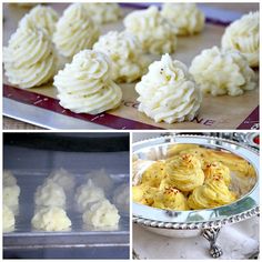 three pictures show different types of desserts and pastries in the process of being made