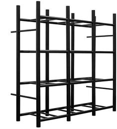 a black bookcase with four shelves on each side and one shelf in the middle