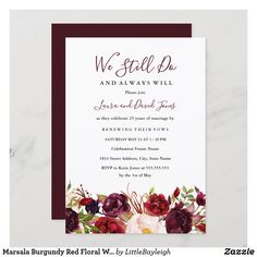 an elegant burgundy and white floral wedding card