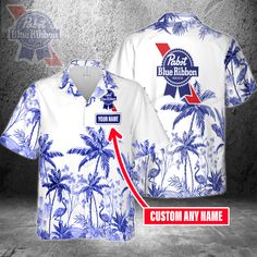 Pabst Blue Ribbon Custom Name Hawaiian Shirt For Men And Women Blue Hawaiian Shirt With Sublimation Print, Blue Sublimation Print Short Sleeve Hawaiian Shirt, Blue Short Sleeve Hawaiian Shirt With Sublimation Print, Blue Hawaiian Shirt With All Over Print, Blue Relaxed Fit Camp Shirt With All Over Print, Blue Relaxed Fit Camp Shirt With Print, Blue Hawaiian Tops With All Over Print, Blue Cotton Hawaiian Shirt With All Over Print, Blue Hawaiian Top With All Over Print