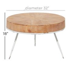 a wooden table with two metal legs and a wood top, measurements for the height