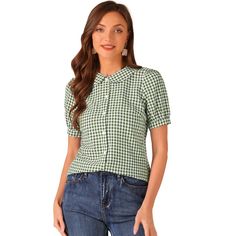 The gingham check pattern and full placket highlight the perfect short sleeve with the button-down of this soft and lightweight shirt. Made of lightweight woven, this versatile top is a summer staple that can be styled with just about anything. Puff sleeves add a bit of feminine touch, and add some flare to your everyday look. Pair it with pants or skirts and heels for an elegant work look. Frill Shorts, Peter Pan Collar Blouse, Plaid Blouse, Gingham Check, Work Looks, Polka Dot Blouse, Collar Blouse, Pan Collar, Peter Pan Collar