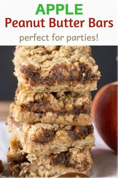 apple peanut butter bars stacked on top of each other with the words, perfect for parties