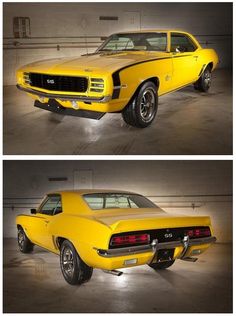 two pictures of a yellow muscle car