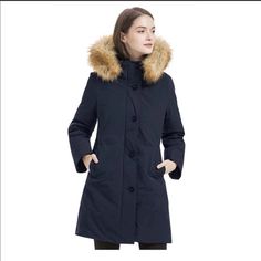 Valuker Women's Waterproof Thickened Down Parka Coat With Fur 90% Down Coat Brand New Winter Raincoat With Pockets, Winter Outerwear For Rainy Weather With Pockets, Blue Windproof Parka For Fall, Blue Weatherproof Parka For Winter, Winter Waterproof Raincoat For Cold Weather, Blue Weatherproof Outerwear For Fall, Weatherproof Blue Outerwear For Fall, Blue Long Sleeve Weatherproof Parka, Blue Long Sleeve Weatherproof Outerwear