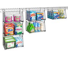 three metal shelving racks holding various types of cleaning products and detergents on them