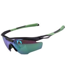 a pair of sunglasses with green and blue frames