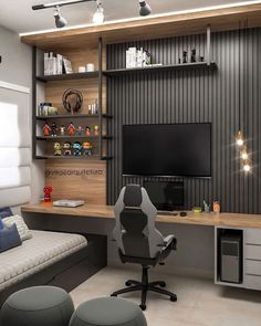 a room with a couch, desk and television