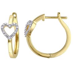 These beautiful Stella Grace 18k gold over sterling silver 1/10 carat diamond heart hoop earrings are sure to become a favorite pair in your jewelry collection. These beautiful Stella Grace 18k gold over sterling silver 1/10 carat diamond heart hoop earrings are sure to become a favorite pair in your jewelry collection. Diameter: 21.2 mm Backings: click-it Metal: sterling silver Plating: 18k gold flash plated Finish: polished Packaging: boxedDIAMOND DETAILS Total weight: 1/10 ct. Shape: round Se 14k Gold Hoop Earrings With Diamond Accents For Anniversary, Anniversary Yellow Gold Hoop Earrings With Diamond Accents, Anniversary Yellow Gold Diamond Cut Heart Earrings, Hoop Jewelry For Anniversary On Valentine's Day, Hoop Jewelry For Valentine's Day Anniversary, Gift Yellow Gold Brilliant Cut Hoop Earrings, Gift Brilliant Cut Yellow Gold Hoop Earrings, White Gold Huggie Jewelry For Valentine's Day, Elegant Small Hoop Heart Earrings For Anniversary