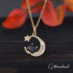 Celestial Crescent Gemstone Jewelry, Spiritual Crescent Necklace For Anniversary, Celestial Moon Charm Jewelry For Anniversary, Celestial Moon Gemstone Jewelry, Celestial Crescent Gemstone Necklace, Celestial Crescent Jewelry With Birthstone, Celestial Style Birthstone Jewelry, Celestial Sapphire Pendant Jewelry, Celestial Moon Shaped Birthstone Jewelry