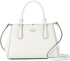 White Business Satchel With Gold-tone Hardware, Timeless White Satchel For Office, White Leather Business Satchel, Formal White Shoulder Bag With Zipper Closure, White Formal Shoulder Bag With Zipper Closure, White Leather Satchel For Business, Modern White Satchel With Zipper Closure, Classic White Saffiano Leather Shoulder Bag, White Textured Leather Business Bag