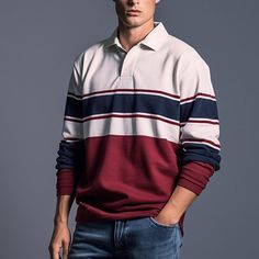 Season:Fall  Winter; Fabric:Terry; Sleeve Length:Long Sleeve; Gender:Men's; Style:Casual; Elasticity:Micro-elastic; Tops Type:Golf Polo; Occasion:Streetwear,Outdoor,Casual Daily; Pattern:Striped; Design:3D,Print; Neckline:Zip; Listing Date:09/22/2023; Bust:; Length:; Shoulder Width:; Sleeve Length: Polo Shirt Outfit Men, Polo Shirt Outfits, Shirt Outfit Men, Streetwear Fall, Rugby Polo, Polo Long Sleeve, Shirts Long Sleeve, Winter Shirts, Winter Fabric