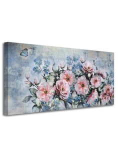 a painting on the wall with pink flowers