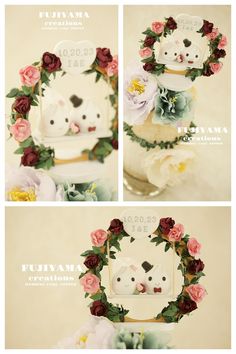 three different pictures of flowers and animals on top of each other, with the words fujita written above them