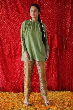 Shop for Shachi Sood Green Dupion Silk Embroidered Sleeve Tunic And Pant Set for Women Online at Aza Fashions Festive Green Bohemian Pant Set, Spring Cotton Palazzo Set With Mirror Work, Festive Fitted Palazzo Set With Embroidered Sleeves, Traditional Pant Set With Mirror Work, Summer Straight Kurta Set With Embroidered Sleeves, Summer Straight Kurta With Embroidered Sleeves, Spring Traditional Palazzo Set With Embroidered Sleeves, Summer Embroidered Sleeves Straight Kurta Set, Bohemian Kurta With Embroidered Sleeves For Festive Occasions