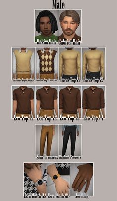 the male clothing is shown in many different styles and colors, including brown, black, white