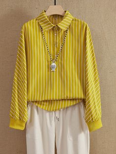 Hot Sale Yellow Collared Neckline Stripe Buttons Casual Long Sleeves Shirts & Tops for Women, Multi sizes for choice, please check the Size Chart carefully before you buy the item. +Please note that slight color difference should be acceptable due to the light and screen. Striped Long Sleeve Shirt With Button Cuffs, Spring Tops With Button Cuffs And Casual Collar, Striped Tops With Button Cuffs And Relaxed Fit, Fall Striped Tops With Collar, Spring Long Sleeve Top With Placket, Trendy Long Sleeve Tops With Placket, Striped Shirt With Button Cuffs For Fall, Relaxed Fit Long Sleeve Tops With Buttons, Casual Striped Blouse With Placket