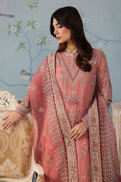 Luxury Light Pink Embroidered Pakistani Salwar Kameez Dupatta Suit is a pretty red short frock that comes with a wide-leg palazzo or skirt which is unique in its style and looking graceful in its intricate embroidery which is sure to make you look glamorous. Kameez: The Embroidered Kameez Comes in hand-embroidered works on a front, with tassel and pearl detailing which looks charming in its intricate design and enhances the beauty of the dress with its hand-embellished work of kora, dabka and sequins. Trousers: This embellished Kameez comes in customized stitching according to your choice whether to make it trousers or also you can go bold with a kameez with a trousers, or revamp it to a more traditional outlook with a long shirt and a belted dupatta in this dress. Dupatta: Pink Embellishe Dupatta Lace, Pakistani Boutique, Short Frock, Pakistani Salwar, Pakistani Salwar Kameez, Chiffon Collection, Embroidered Chiffon, Embroidered Organza, Luxury Wear