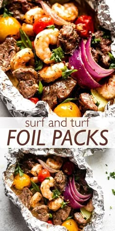 two foil packets filled with shrimp and vegetables