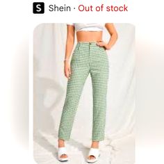 Never Worn Green And White Checkered Pants. With A 27 Inch Inseam. They Are Perfect For Summer Because They Are Light And Airy. Plaid Straight Leg Pants For Spring, Casual Plaid Pants For Spring, Casual High-waisted Houndstooth Pants, Casual Houndstooth Pattern Bottoms For Spring, Casual Houndstooth Pants For Summer, Casual Houndstooth Pattern Pants For Summer, Casual Houndstooth Pattern Summer Pants, Summer Gingham Straight Leg Bottoms, Casual Houndstooth Trousers