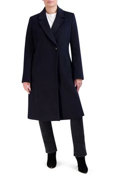 Be perfectly polished in this longline coat elevated in a wool blend with an asymmetric one-button front. 40" length Notched lapels Lined 55% wool, 35% polyester, 5% acrylic, 5% other fibers Dry clean Imported Chic Wool Peacoat For Formal Occasions, Chic Asymmetrical Outerwear For Business, Chic Asymmetrical Business Outerwear, Asymmetrical Single Breasted Outerwear For Office, Asymmetrical Single-breasted Outerwear For Work, Asymmetrical Single-breasted Outerwear For Office, Chic Long Wool Peacoat, Asymmetrical Single-breasted Office Outerwear, Fitted Long Wool Business Coat