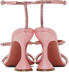 Satin heeled sandals in pink. Crystal-cut detailing throughout. · Open square toe · Partially elasticized leather straps at vamp · Adjustable pin-buckle ankle strap · Logo-embossed leather footbed · Modified stiletto heel with rubber injection · Leather sole with rubber injection · Heel: H3.5 in Supplier color: Baby pink Pink Luxury Heels With Single Toe Strap, Designer Pink Heels With Buckle Closure, Designer Pink Heels With Square Toe, Pink Single Toe Strap Heels For Evening, Pink Square Toe Sandals For Formal Occasions, Designer Pink Square Toe Heels, Pink Evening Heels With Single Toe Strap, Pink Leather Sandals For Cocktail, Amina Muaddi