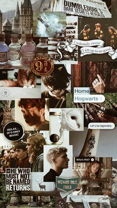 collage of harry potter images with hogwart's houses in the back ground