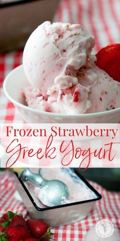 frozen strawberry greek yogurt in a white bowl with strawberries on the side