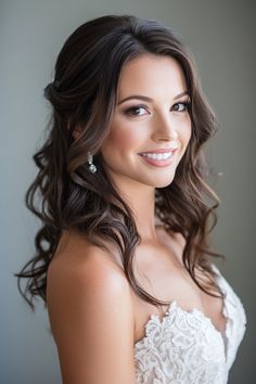 a beautiful woman in a white dress posing for the camera with her hair pulled back