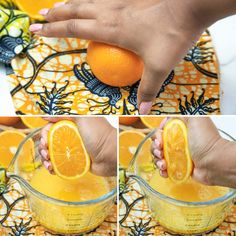 someone is squeezing an orange into a blender with one hand and the other hand