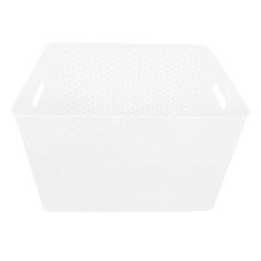 a white plastic basket with holes on the bottom and sides, in front of a white background