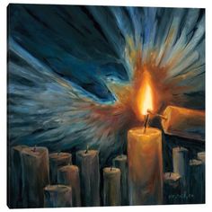 a painting of a lit candle in front of many candles with the sky behind it